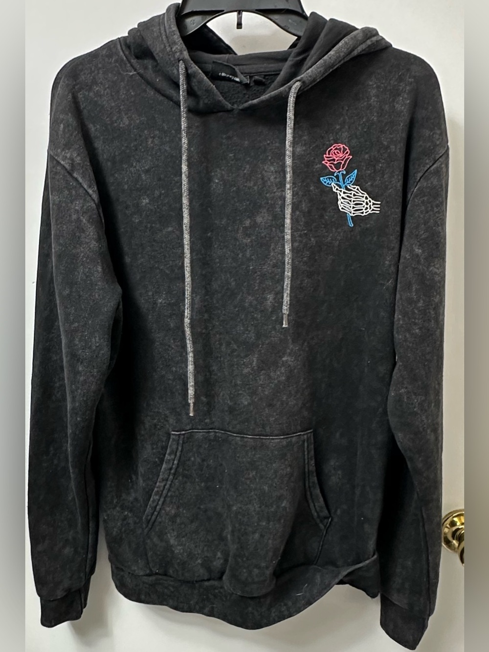 Chemistry Black Pullover Hoodie with Pink Rose and Blue Leaf